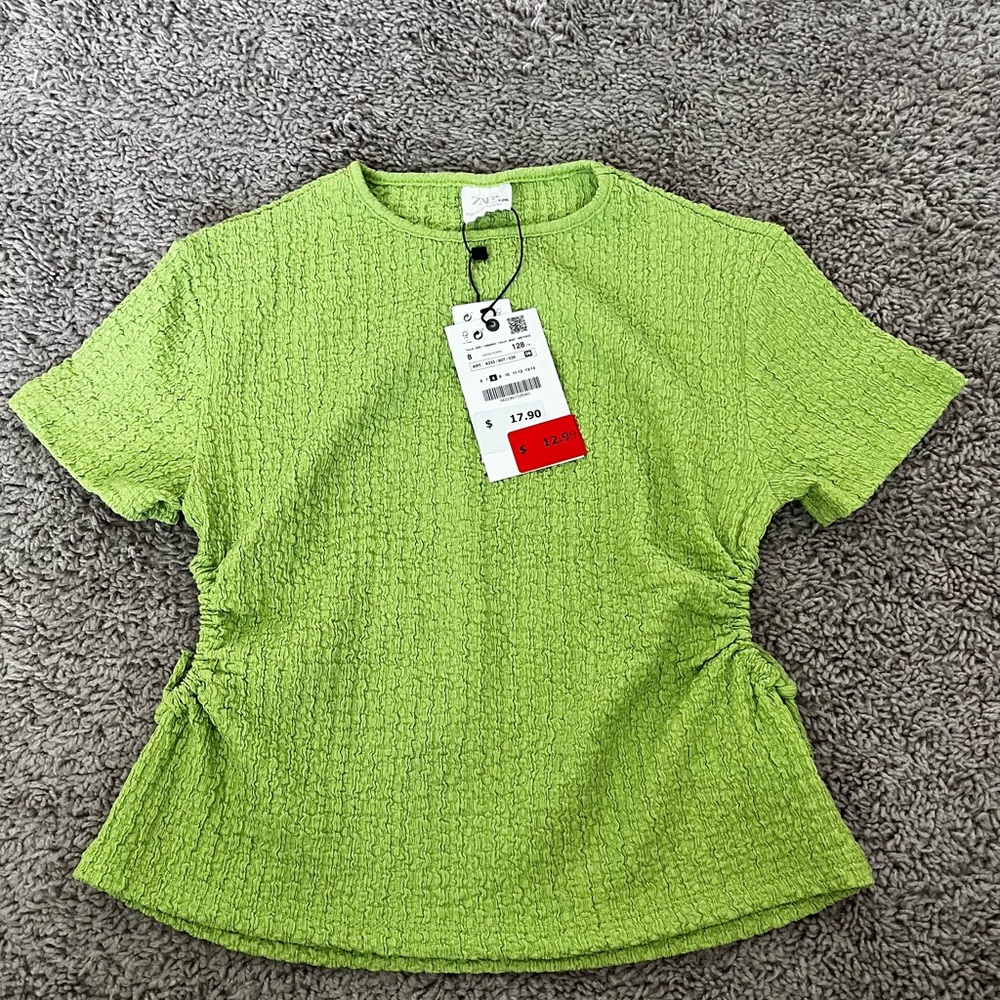 Zara Green Ruched Ribbed Short Sleeve T- shirt Girls T8